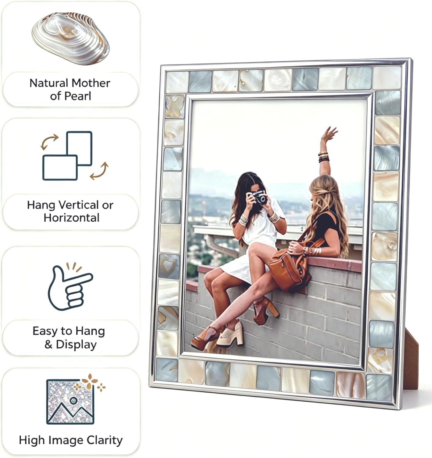 Silver Plate Grey Picture Frame 6X8 Mother of Pearl Wall Frame 6By8 Wedding Photo Frame Mosaic Glass Tabletop Picture Frame (Grey+ White)